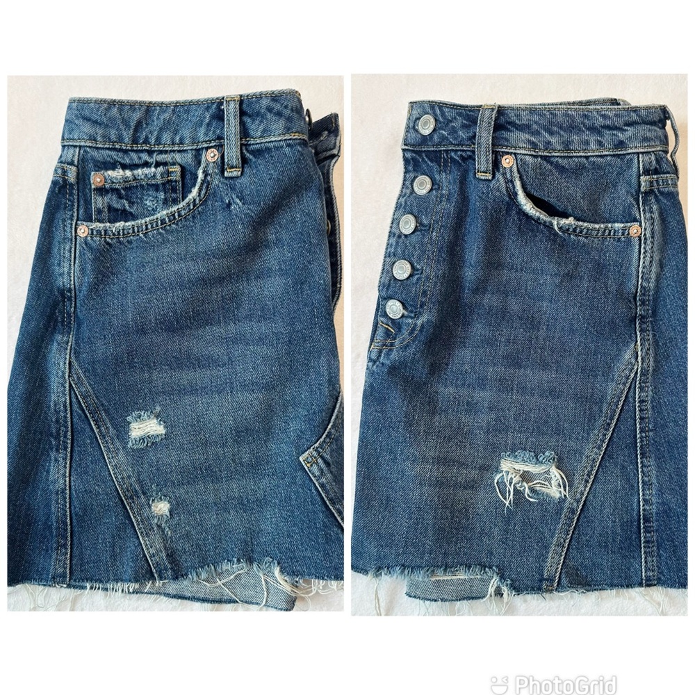 We the Free Harvey Blue Denim Mini Skirt Distressed Raw Hem Button Fly, size 31 - Picture 15 of 16
